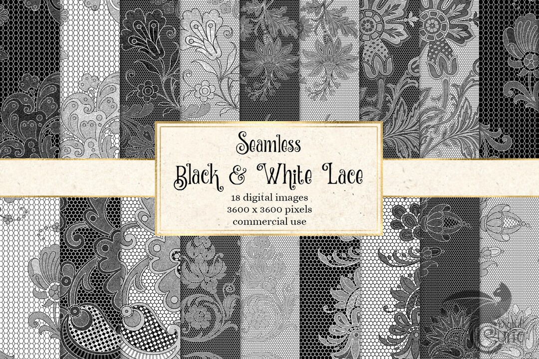 Black and White Floral Lace Digital Paper, Seamless Vintage Patterns ...