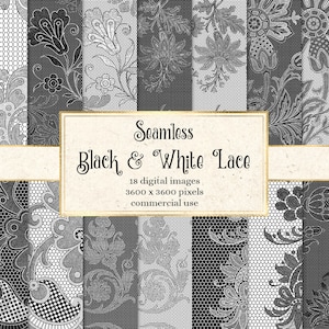 Schwarze und weiße Spitze digitales Papier, nahtlose Spitzenmuster mit Vintage floralen Motiven sofortiger Download für kommerzielle Nutzung