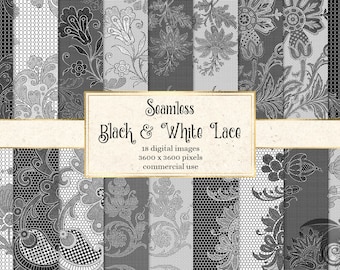 Black and White Floral Lace Digital Paper, Seamless Vintage Patterns (Digital Download)