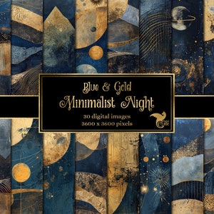 Papel digital nocturno minimalista azul y dorado, páginas de álbumes de recortes de fantasía de papel digital celestial papel imprimible descarga instantánea