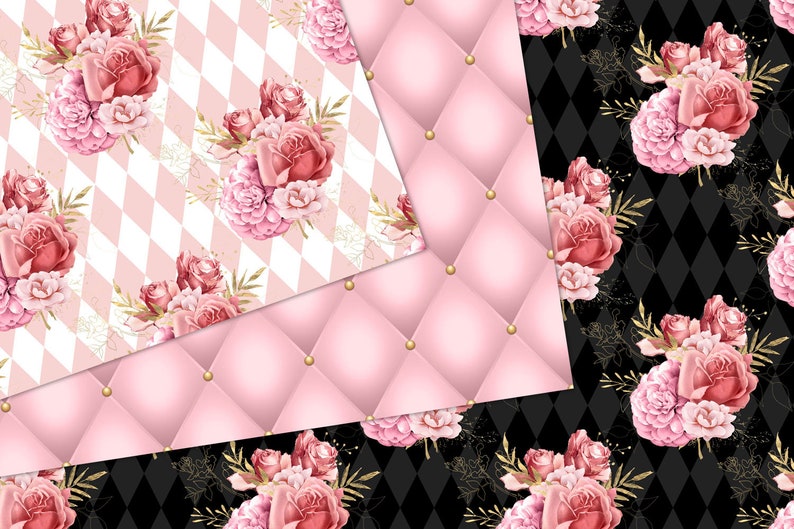 Pink Gold Floral Digital Paper, Seamless Scrapbook Paper (digital ...