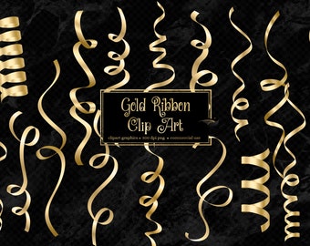 May include: Gold ribbon clip art graphics. A collection of 300 dpi png images of gold ribbon curls on a black background.  Commercial use.