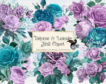 Turquoise and Lavender Floral Clipart, purple wedding roses and vintage rustic flower bouquets PNG format instant download commercial use