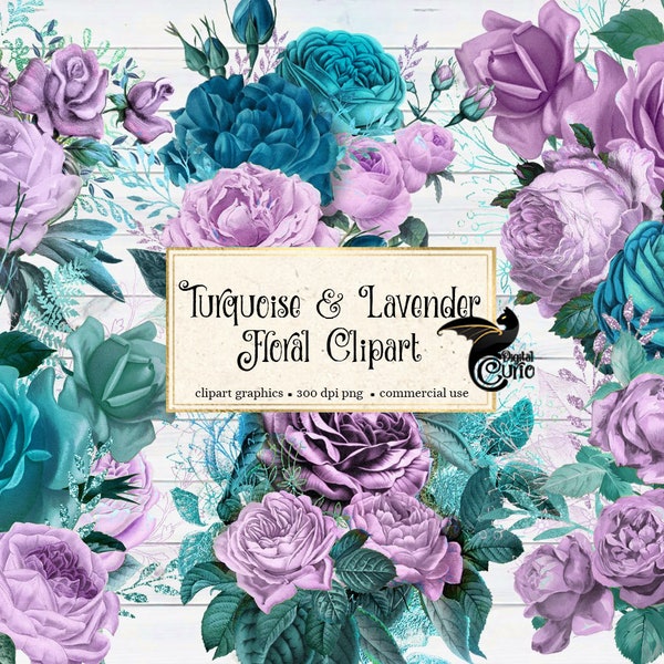 Turquoise and Lavender Floral Clipart, purple wedding roses and vintage rustic flower bouquets PNG format instant download commercial use