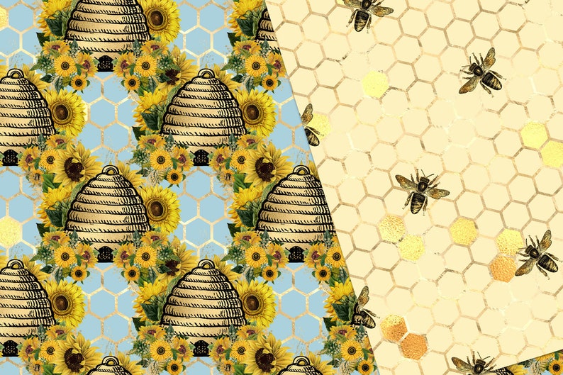 Download Sunflower Bees Digital Paper seamless gold honey bee | Etsy