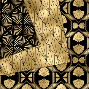 Può includere: Tre motivi senza cuciture in nero e oro con forme geometriche e disegni a ventaglio. I motivi sono disposti in strati, con il motivo superiore che copre parzialmente il motivo centrale, e il motivo centrale che copre parzialmente il motivo inferiore.
