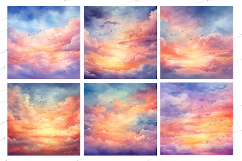 May include: Six digital art prints depicting a sunset sky with pink, orange, and blue clouds. The sky is painted in a watercolour style.