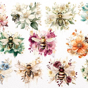 May include: Watercolor illustrations of bees surrounded by colorful flowers. The bees have detailed wings and striped bodies. The flowers are in shades of pink, white, orange, and blue, with green foliage and gold accents. The overall theme is nature and spring.