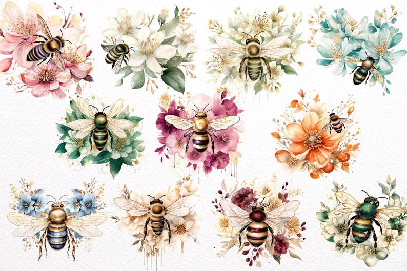 May include: Watercolor illustrations of bees surrounded by colorful flowers. The bees have detailed wings and striped bodies. The flowers are in shades of pink, white, orange, and blue, with green foliage and gold accents. The overall theme is nature and spring.