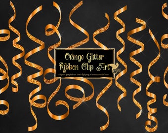 May include: Orange glitter ribbon clip art on a black background. The image features several swirling ribbons with a glittery texture. The text "Orange Glitter Ribbon Clip Art" is displayed in a black rectangle.