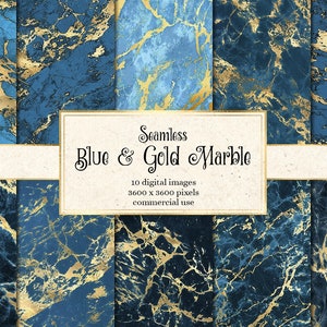 Blue and Gold Marble Digital Paper, seamless marble textures, printable scrapbook paper natural stone backgrounds