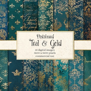 Distressed Teal and Gold digital paper, gold foil patterns, vintage damask grunge textures, printable scrapbook paper, turquoise download