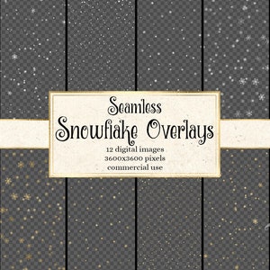 Seamless Snowflake Overlays, snowflake patterns in silver and gold PNG format with transparent backgrounds instant download commercial use