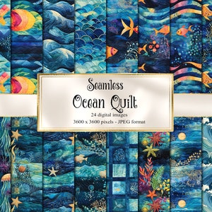 May include: A digital collage of 24 seamless ocean quilt patterns. The patterns feature various shades of blue, green, and gold, with images of fish, jellyfish, seashells, and stars. The text "Seamless Ocean Quilt" is displayed in a white banner.