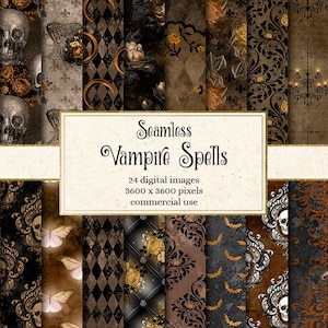 Vampire Spells Digital Paper, Halloween seamless backgrounds pattern gothic damask black and orange distressed grunge textures