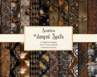 Puede incluir: Una colección de imágenes digitales sin costuras con temática gótica. Las imágenes presentan calaveras, murciélagos, rosas y patrones de damasco en tonos negros, marrones y dorados. Se muestra el texto "Seamless Vampire Spells".
