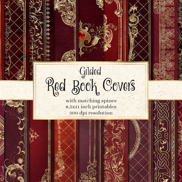 Gilded Red Book Covers, printable decorative gilded book covers 8.5 x 11 instant download digital sheets for commercial use