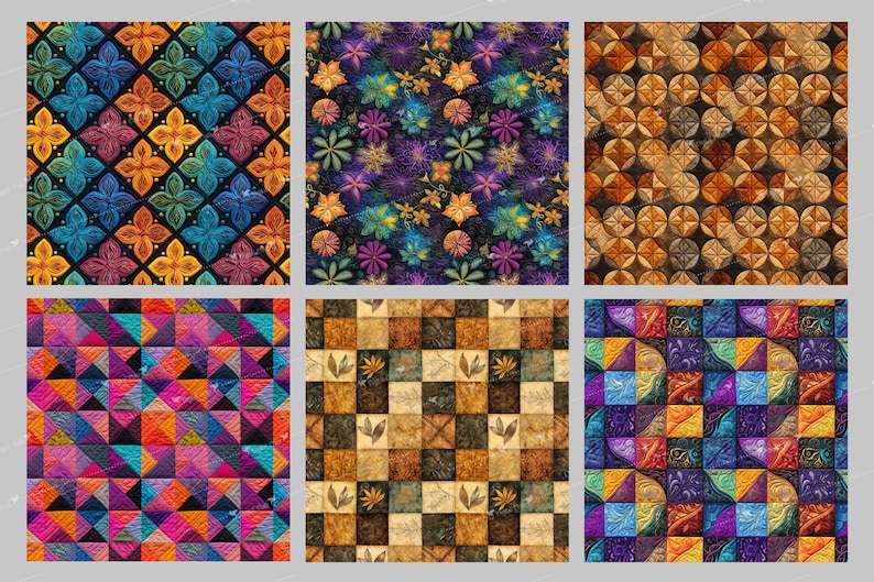 May include: Six colorful patterned fabric swatches with geometric and floral designs. The swatches are arranged in a grid pattern.