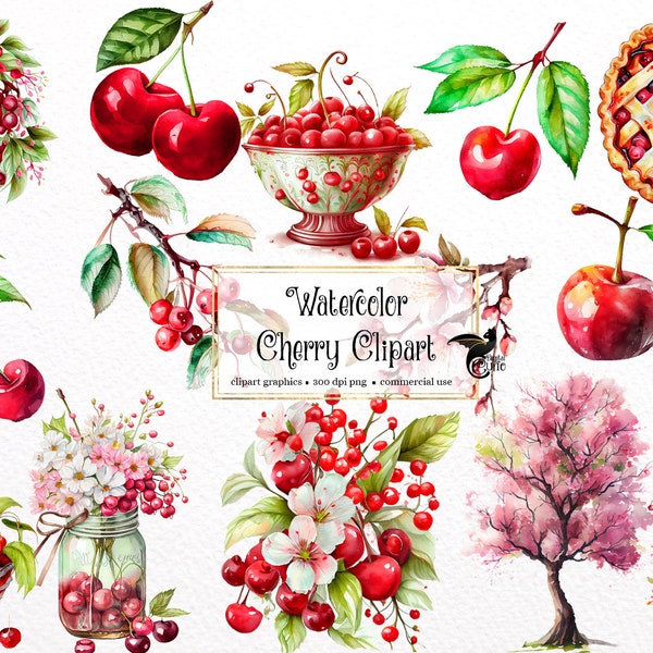Watercolor Cherry Clipart - digital png cherries graphics for instant download commercial use