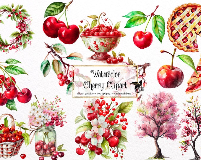 42 Watercolor Cherry Clipart, Digital Png Cherries, Graphics for ...