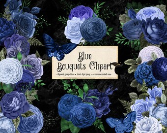 Blue Floral Bouquet Clip Art, Vintage Watercolor Flowers (Digital Download)
