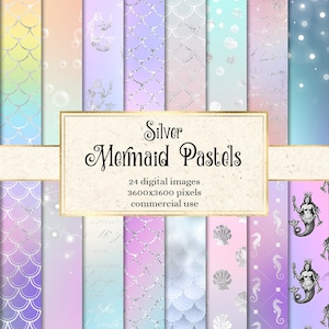 Silver Mermaid Pastel Digital Paper, backgrounds in soft ombre gradients instant download for commercial use