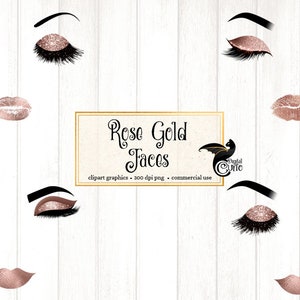 Rose Gold Faces Clipart, princess eyes, makeup clip art, glitter closed pretty eyelash wedding bridal valentine digital instant download