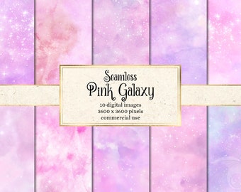 Pink Galaxy Digital Paper - seamless watercolor textures with sparkling stars instant download for commercial use