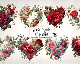 Floral Hearts Clipart, flower heart Valentine illustrations digital illustrations PNG instant download commercial use