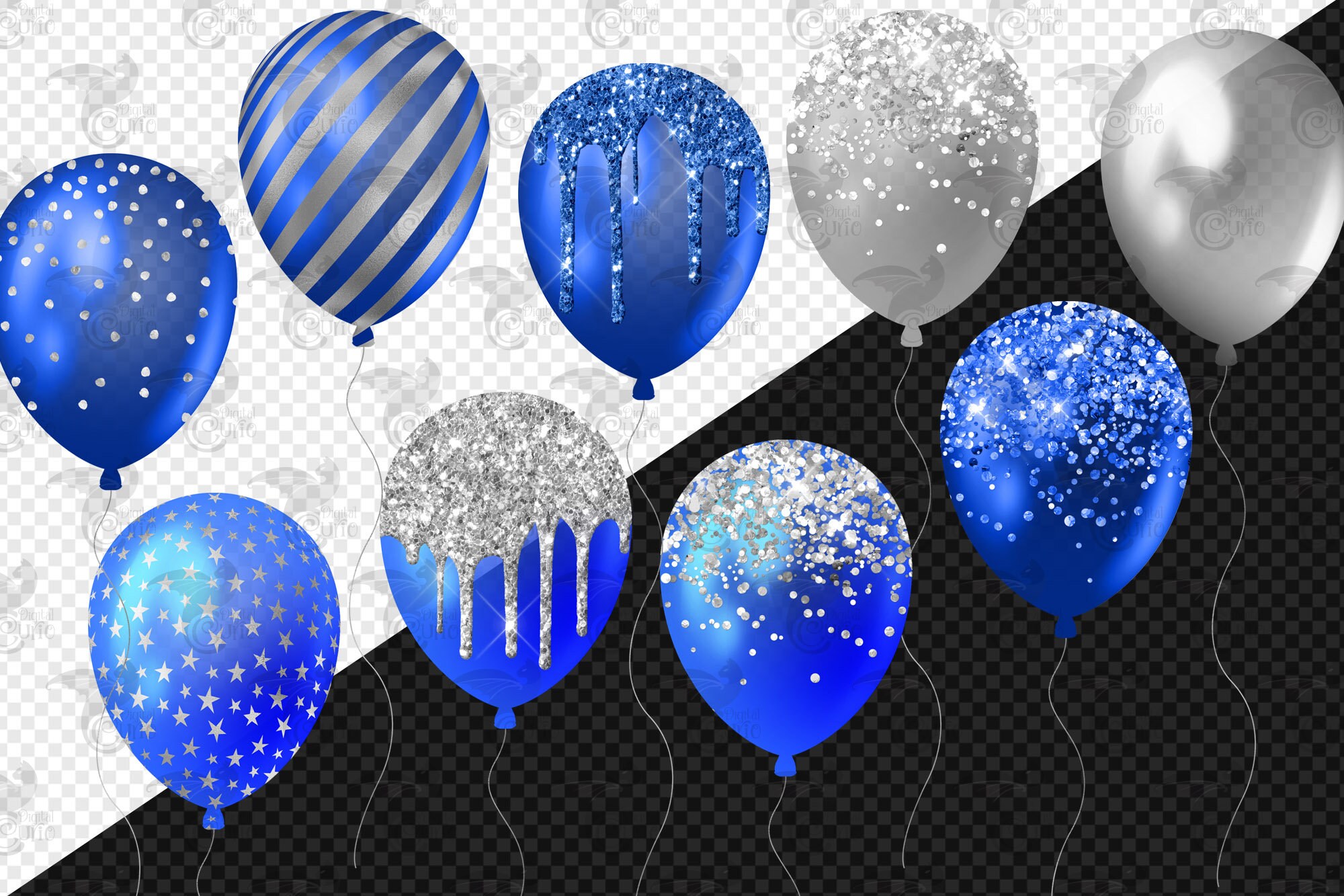 Royal Blue and Silver Balloons Clipart Glitter Balloon Png | Etsy