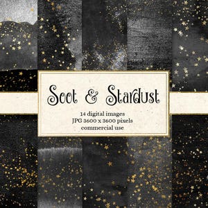Roet en Stardust digitaal papier, zwart en goud aquarel texturen, sterrenhemel ster achtergronden, afdrukbare plakboek papier instant download