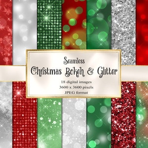 Christmas Bokeh and Glitter Digital Paper - Sparkle Backgrounds, Red, Green and Silver Glitter Bokeh Printable Digital Scrapbook Paper