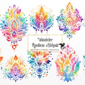 レインボー メヘンディ クリップアート、水彩ファンタジー インド デザイン、ダマスク クリップアート PNG グラフィックス、商用利用のための即時ダウンロード