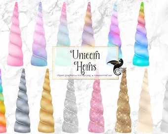 Unicorn Horns Clipart, rainbow watercolor pastel unicorn horn clip art, pink and gold glitter fairy tale graphics, instant download