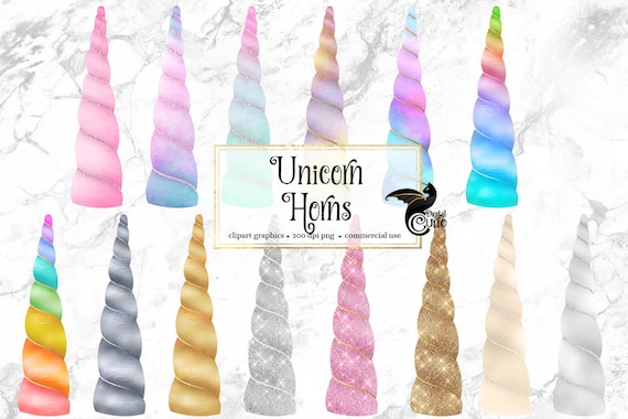 Unicorn Horns Clipart, rainbow watercolor pastel unicorn horn clip art,  pink and gold glitter fairy tale graphics, instant download