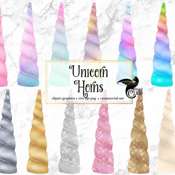 Unicorn Horns Clipart, rainbow watercolor pastel unicorn horn clip art, pink and gold glitter fairy tale graphics, instant download