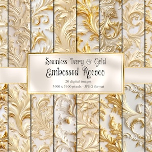 Ivory and Gold Embossed Rokoko Digital Paper, nahtlose Goldfolie Distressed Hintergründe druckbare Scrapbook Papier Texturen