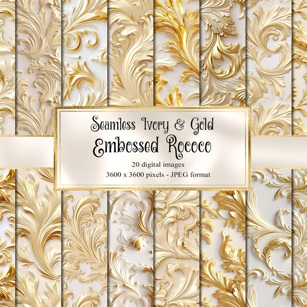 Ivory and Gold Embossed Rococo Digital Paper, seamless gold foil distressed backgrounds printable scrapbook paper textures