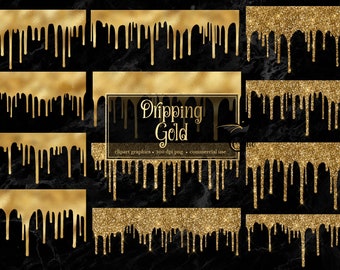 Dripping Gold Clipart - gold glitter drips like frosting with gold foil and sparkles in PNG format instant download for commercial use