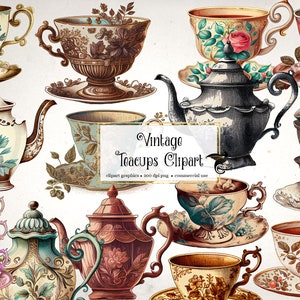 Tea Cup Clipart Set Vintage Tea and Coffee Cups Teacup Flat Images  Commercial Use Allowed INSTANT DOWNLOAD 34 .PNG Images 