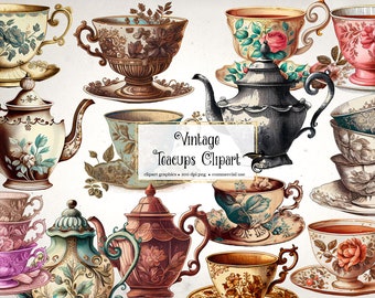 Vintage Teacup Clipart – Antique Teapots PNG Graphics (Digital Download)