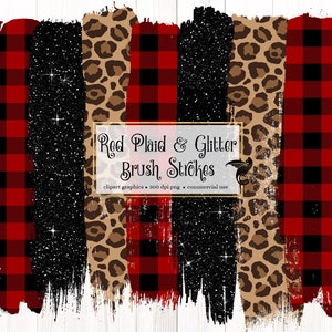 Rot kariert und Glitzer Pinselstriche Clipart, im digitalen PNG-Format Leopard sofortigen Download für Sublimation und kommerzielle Nutzung