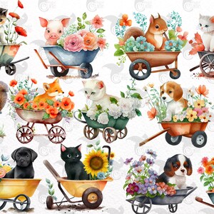 May include: A watercolor illustration of various animals sitting in wheelbarrows filled with colorful flowers. The animals include a cat, a pig, a squirrel, a fox, a dog, and a kitten. The wheelbarrows are painted in different colors and have wooden handles.