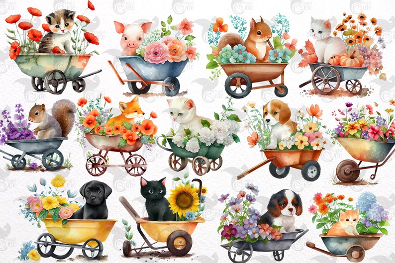May include: A watercolor illustration of various animals sitting in wheelbarrows filled with colorful flowers. The animals include a cat, a pig, a squirrel, a fox, a dog, and a kitten. The wheelbarrows are painted in different colors and have wooden handles.