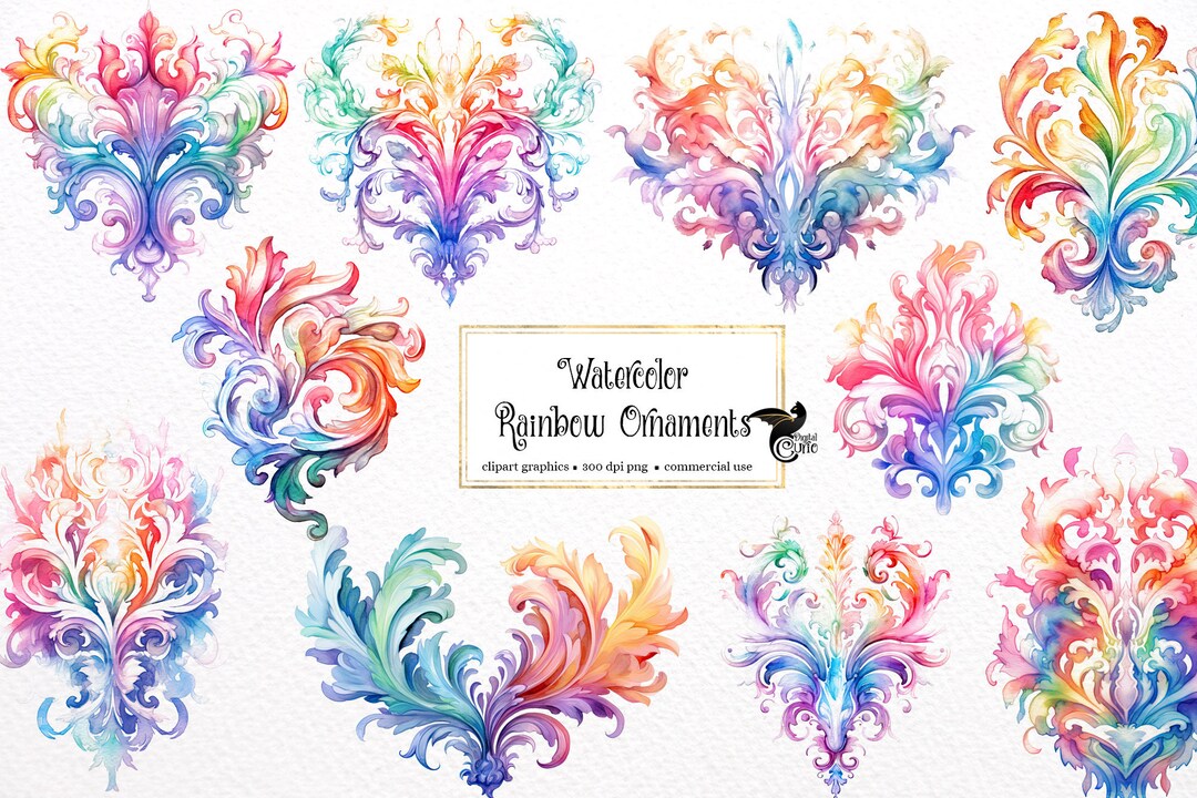 Watercolor Rainbow Rococo Ornaments Clipart (PNG Digital Download) - Etsy