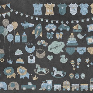 May include: Chalkboard illustration of baby shower themed items in blue and beige.  The illustration includes a variety of baby items such as a rocking horse, a baby carriage, a rattle, a baby bottle, a pacifier, a bib, a crown, a giraffe, an elephant, a train, a car, a rocket, a sailboat, a cloud, a star, a heart, a bunting, a pair of socks, a diaper, and a toy. The text "It's a Boy" is written in the center of the illustration.