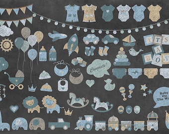 Blue Chalkboard Baby Shower Clipart, Jungle Animals (PNG Digital Download)