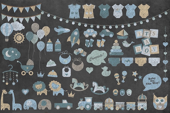 Blue Chalkboard Baby Shower Clipart, Jungle Animals (PNG Digital Download)