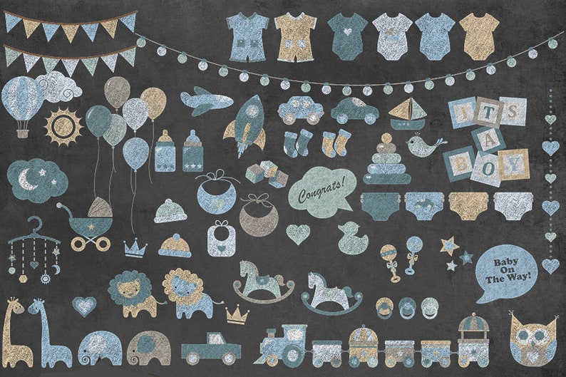 Chalkboard Blue Baby Shower Clipart Boy Colors Jungle Safari Etsy