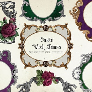 Puede incluir: Gráficos de clipart de marcos de bruja ornamentados - 300 dpi png - uso comercial.  Conjunto de seis marcos de estilo vintage con acentos dorados, plateados y morados.  Cada marco presenta un diseño diferente con rosas, calaveras y detalles ornamentados.